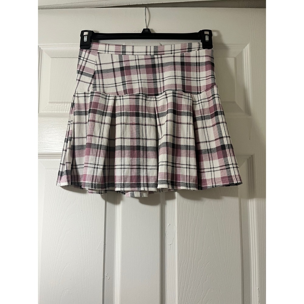 No Comment NY-LA Pink Plaid Pleated Mini Skirt Ribbed Stretch Schoolgirl‎